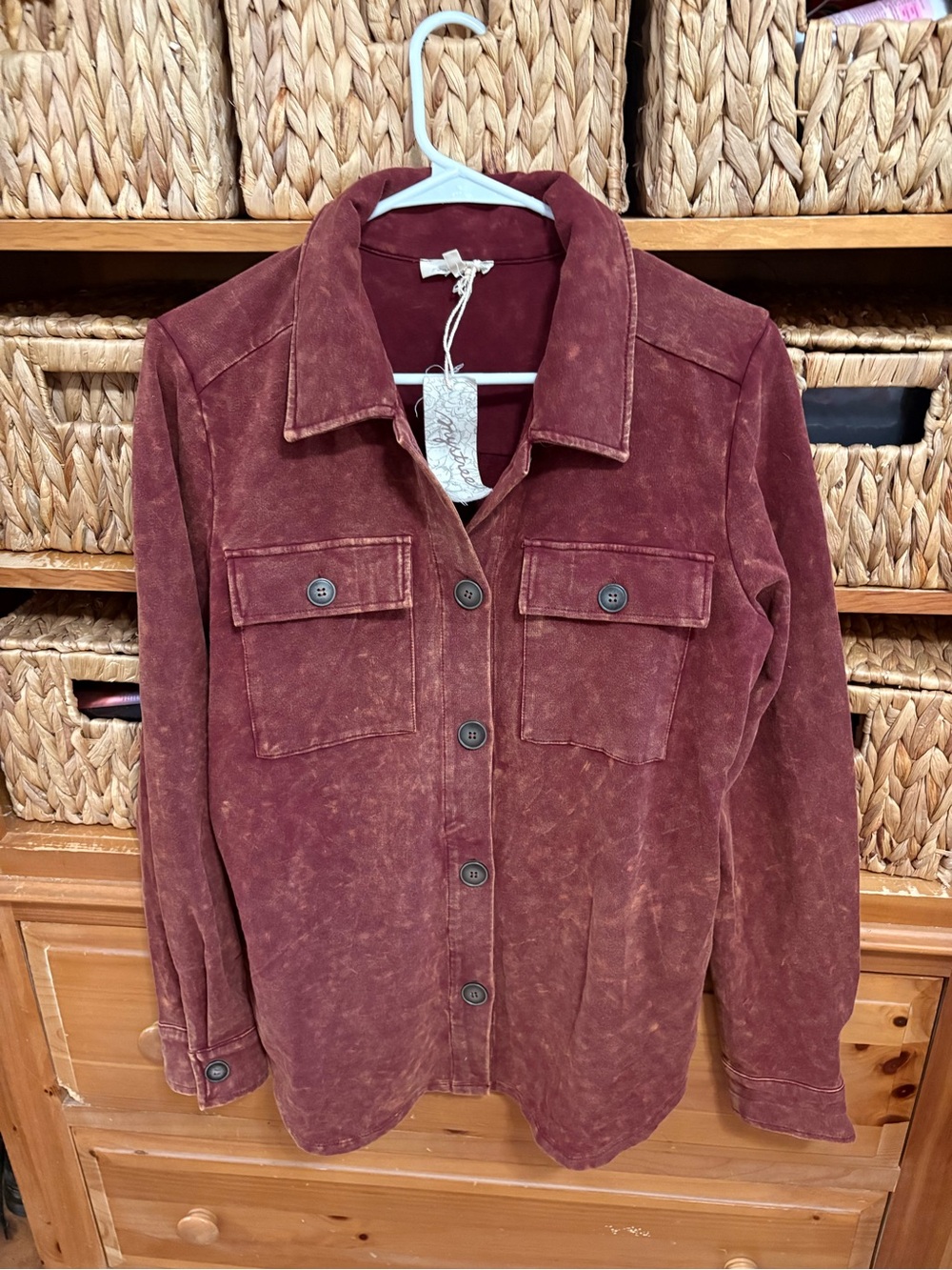 Mystree Washed Burgundy Button-Front Utility Jacket